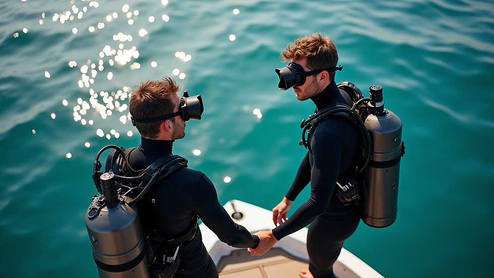 High angle view of two freedivers preparing to dive from a boat