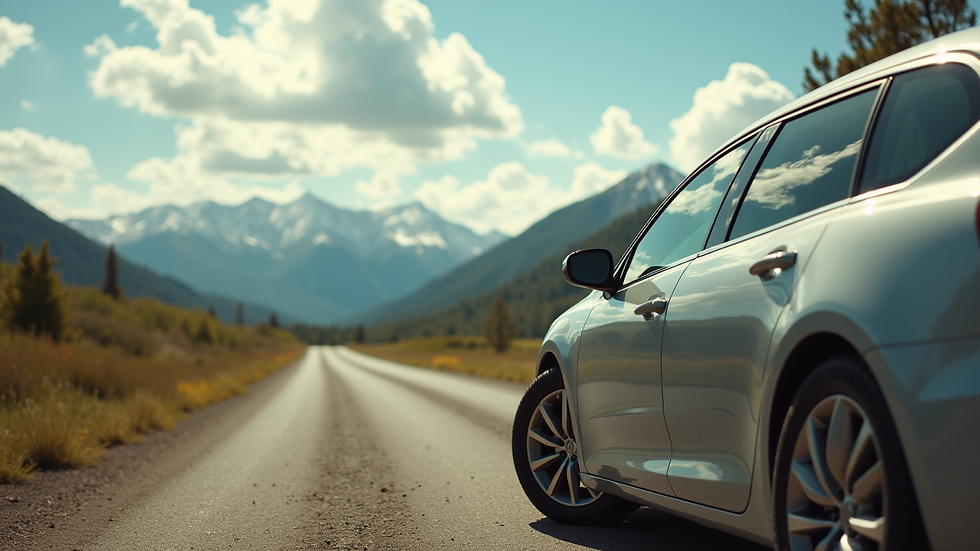 Eye-level view of a car parked in a scenic location