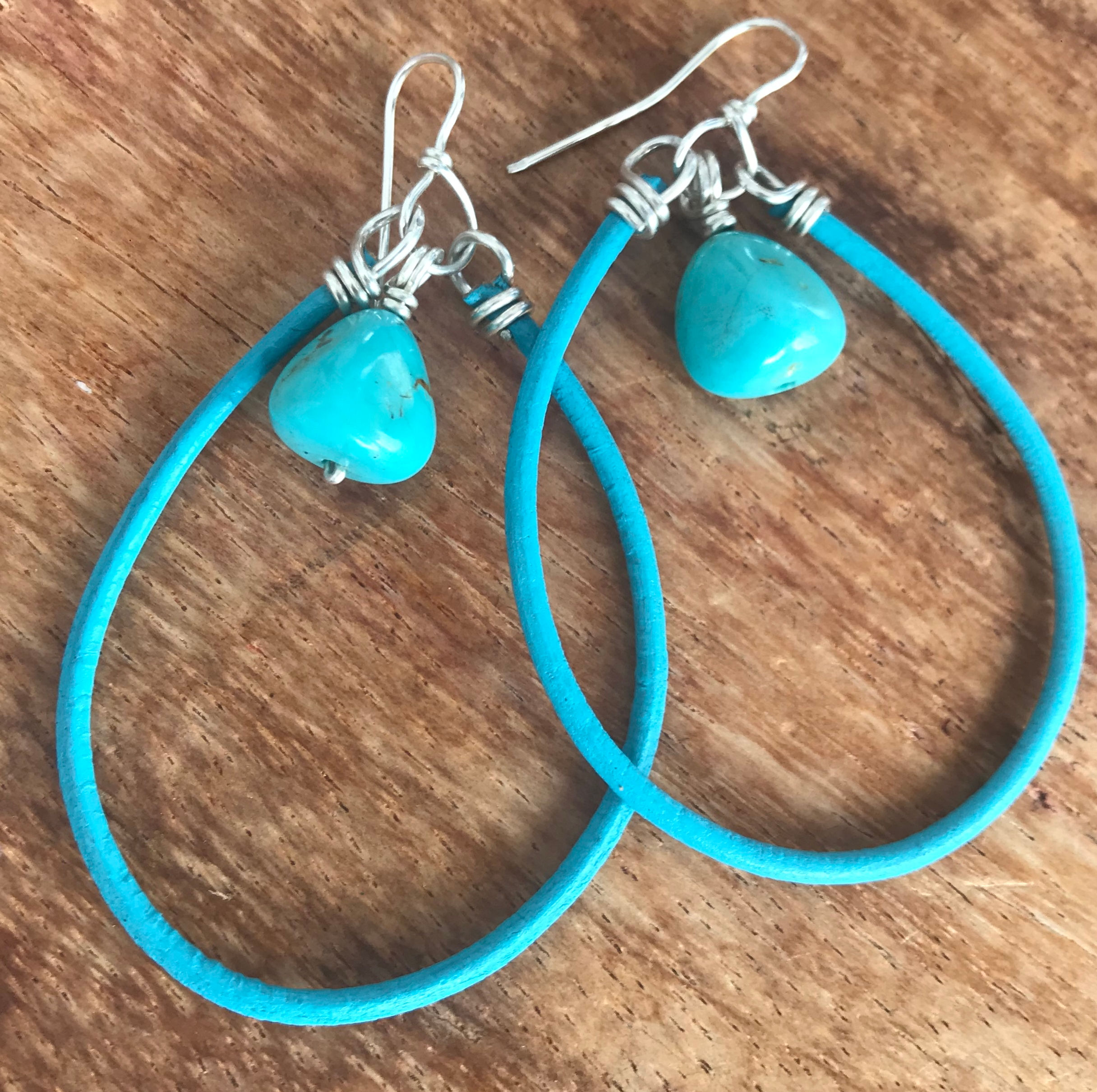 Créoles en cuir coloré, Turquoise & argent 925