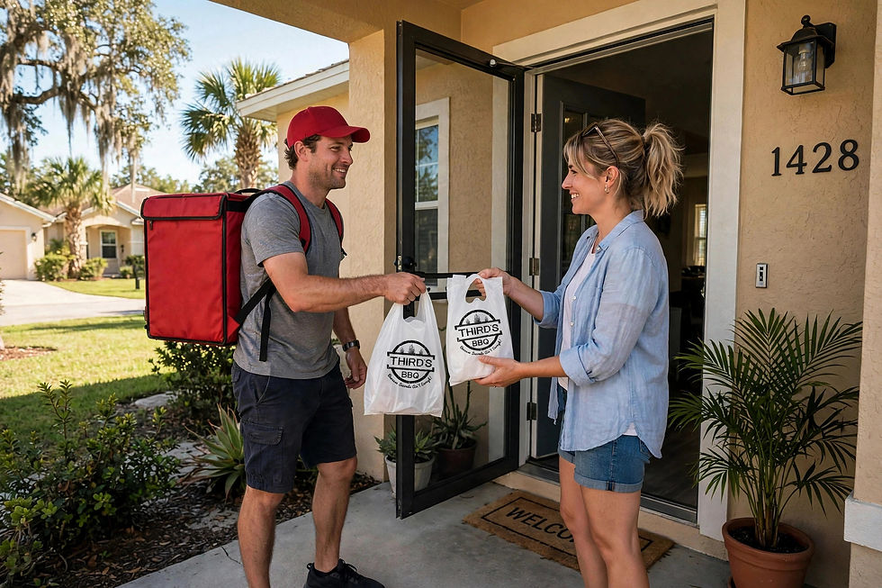 Smiling delivery man in red cap hands Third’s BBQ bags to a woman at a house door marked 1428, sunny porch scene