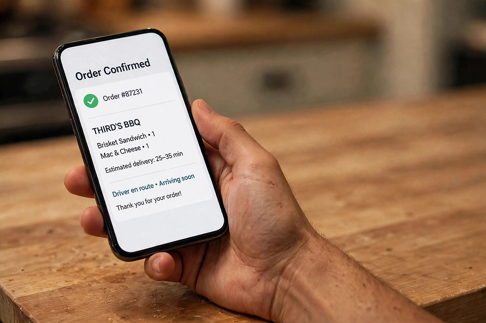 Third's BBQ DoorDash Order Confirmation on cellphone