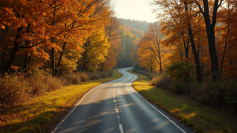 High angle view of winding country road lined with trees in the fall