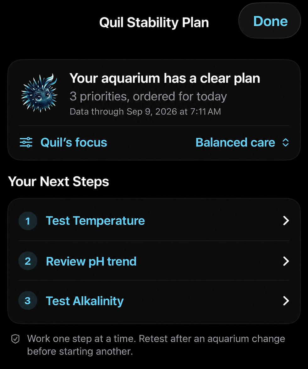 Tankquil Quil Stability Plan showing prioritized aquarium care steps