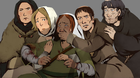 Farbiges Artwork, eine Gruppe von Menschen versteckt sich. Einer Frau wird der Mund zugehalten.