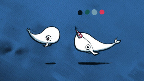 A drawn female, smaller narwhal without horn and a male narwhal with a party hat on a blue background.