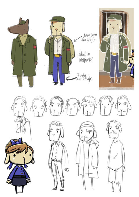 Defining the wolves, who represent the other warring party. A male sheep wears the clothing of the wolves. Various variations of the sheep's head with different hairstyles.