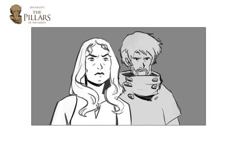 Storyboard, eine Frau im Vordergrund, ein Mann im Hintergrund.