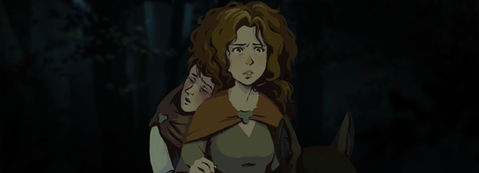 Farbiges Artwork, eine Frau auf einem Pferd, hinter ihr sitzt ihr ohnmächtiger Bruder.