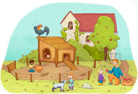 Eine gezeichnete Bauernhofszene mit Kindern, die die Tiere fütter, im Hühnerstall verstecken spielen, oder Äpfel pflücken. Die Szene ist bunt und kindlich gehalten.