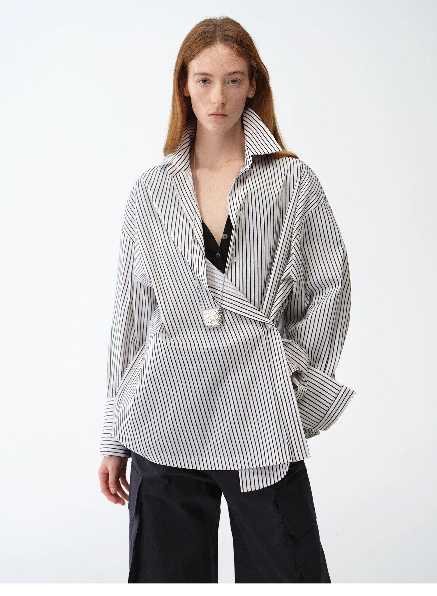 "Striped Fantasy" Casual Asymmetric Slanted Front Two-Wear Striped Long Sleeve S