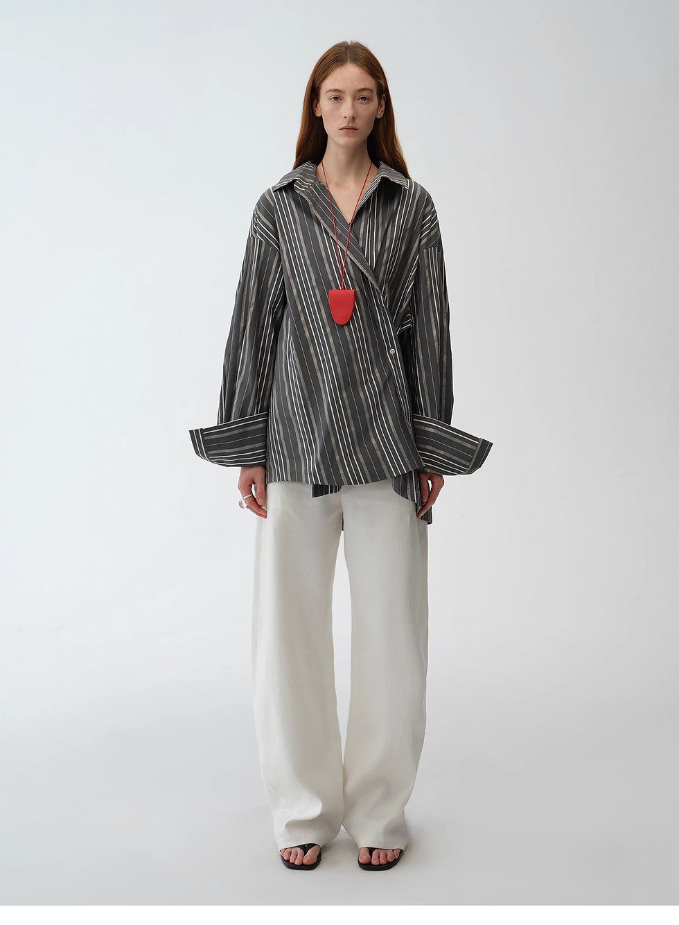 Miniatura: "Striped Fantasy" Casual Asymmetric Slanted Front Two-Wear Striped Long Sleeve S