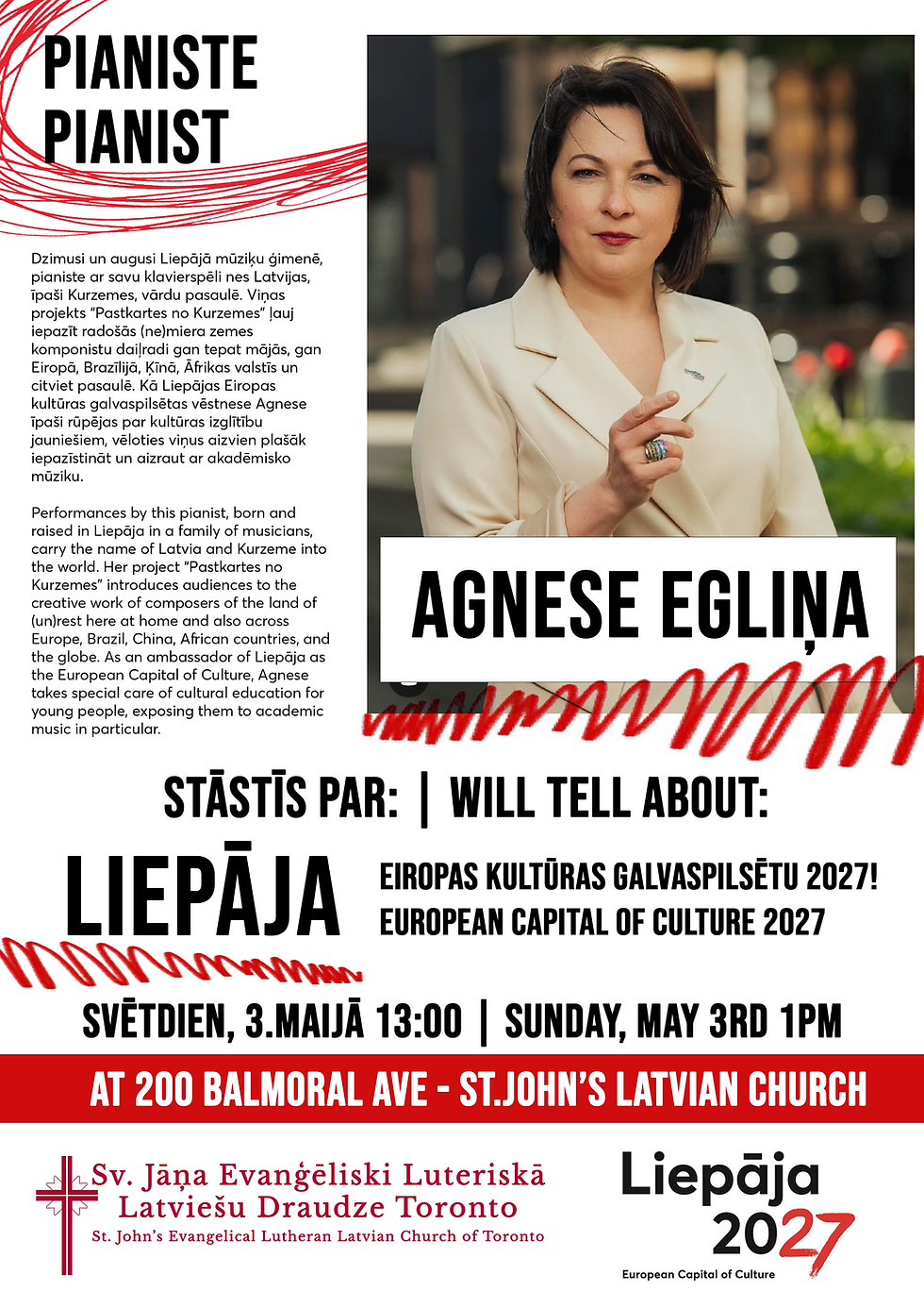 Pianist Agnese Egliņa Will Tell About Liepāja 2027 MAY 3RD 1PM AFTER WORSHIP