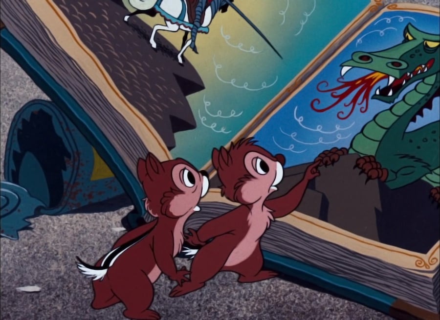 Chip looks doubtful as Dale explains that a storybook dragon threatens their safety in "Dragon Around" (1954).