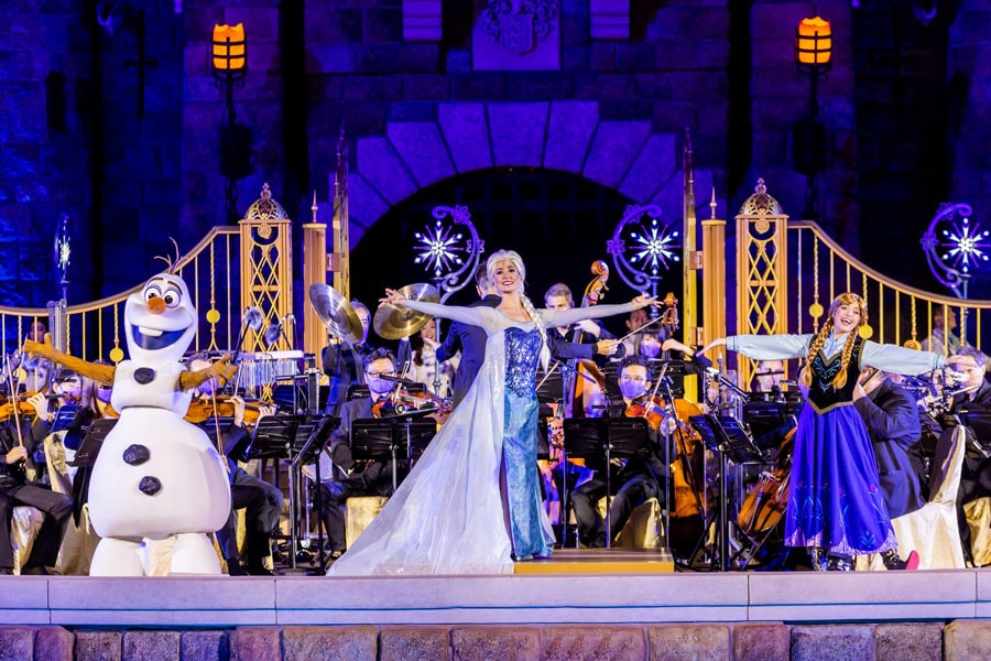 Frozen characters with First-Ever In-Park Live Orchestra Performance