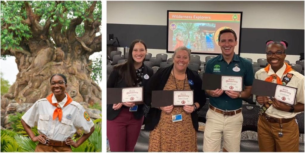 LEFT: Current Wilderness Explorer, Victoria.RIGHT: Victoria’s full-circle moment representing Wilderness Explorers at a panel for Disney College Program participants.