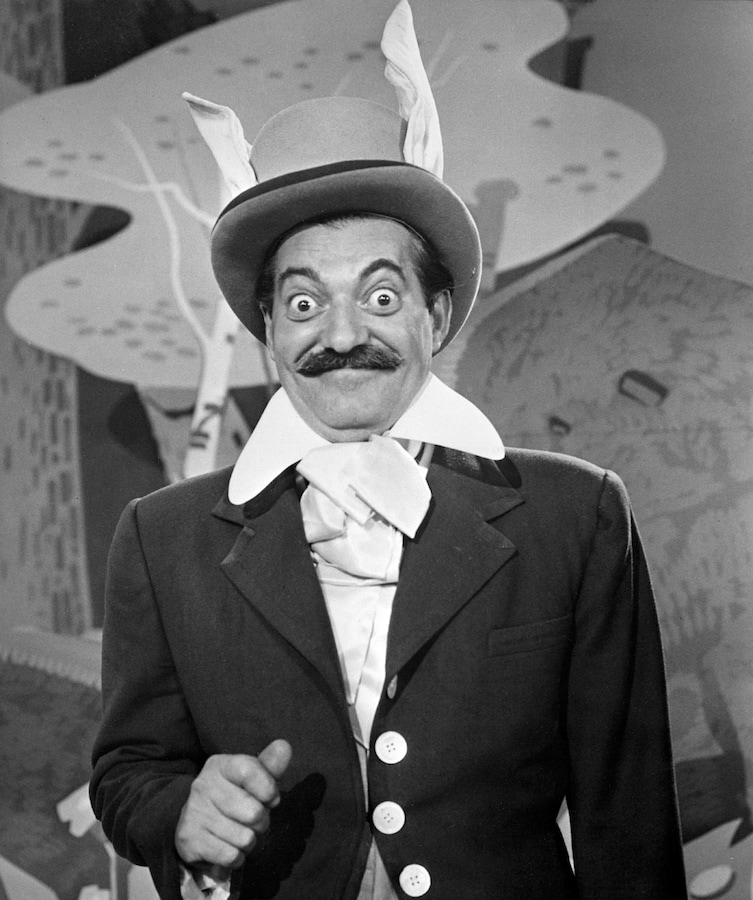 Comic Jerry Colonna, voice of the March Hare in "Alice in Wonderland" (1951), gets to play the role on camera as the Mouseketeers' guest.
