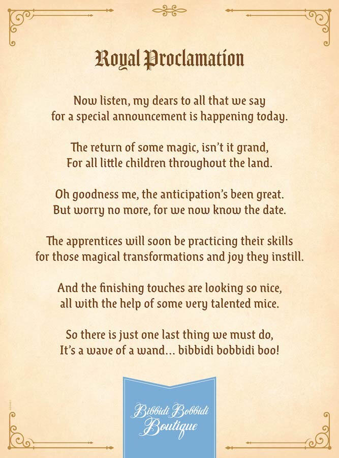 Royal Proclamation for Bibbidi Bobbidi Boutique