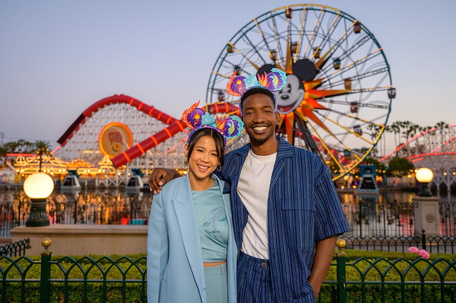 Leah Lewis (voice of Ember) and Mamoudou Athie (voice of Wade), at the Disneyland Resort to check out the new “Elemental” movie offerings