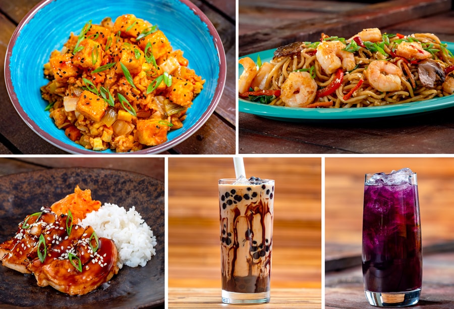 Kimchi Bokkeumbap, Shrimp Lo Mein, Dak Bulgogi, Tiger Milk Boba Tea, and Blackberry Soju Cocktail.