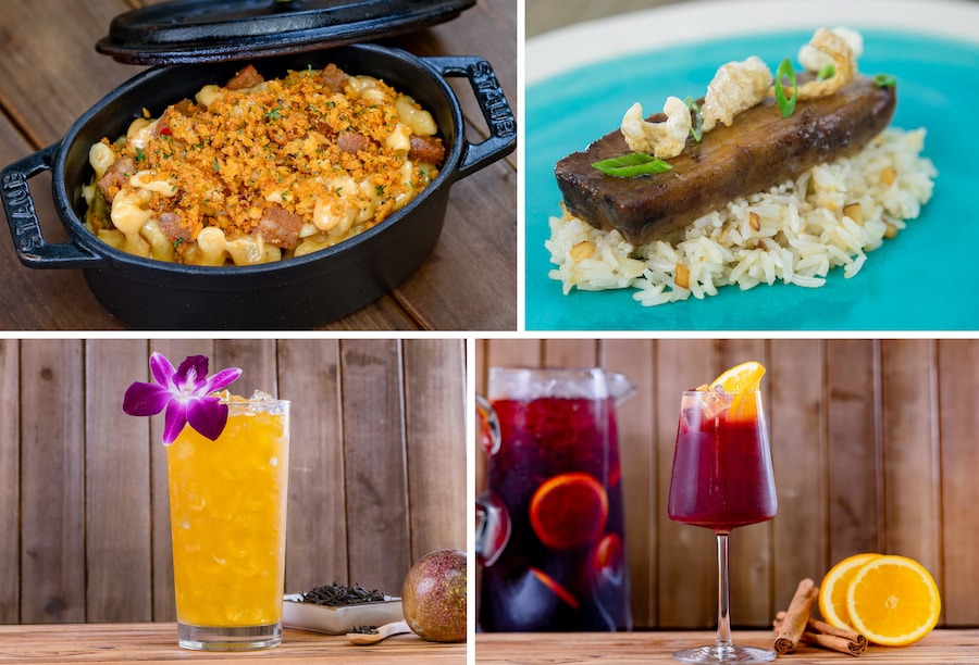 Southern Mac ‘n Cheese, Pork Belly Adobo, Ceylon Splash and Huckleberry Sake Sangria from the Festival of Holidays 2022 at Disneyland Resort