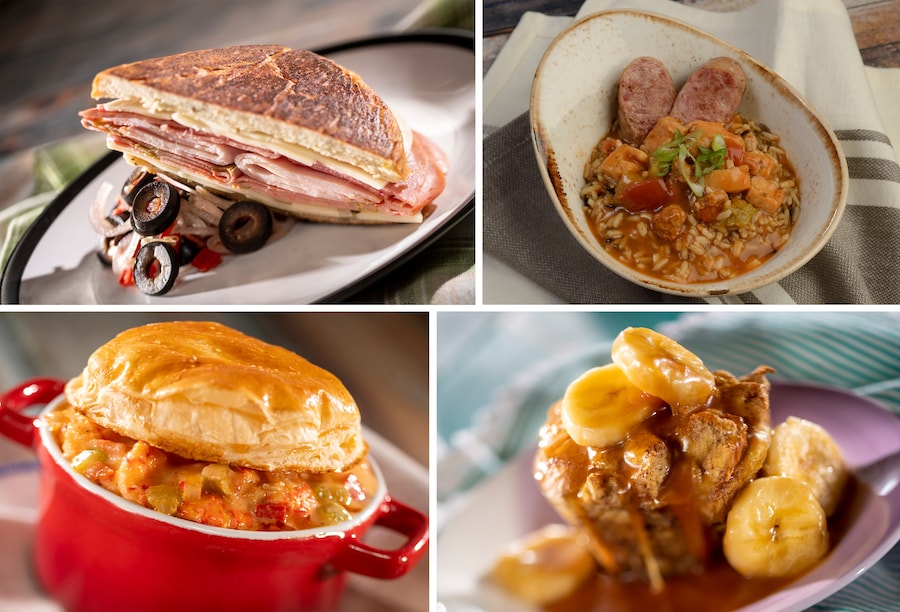 Muffuletta Panini, Spicy Chicken Gumbo, Crawfish Pie, Bananas Foster Bread Pudding