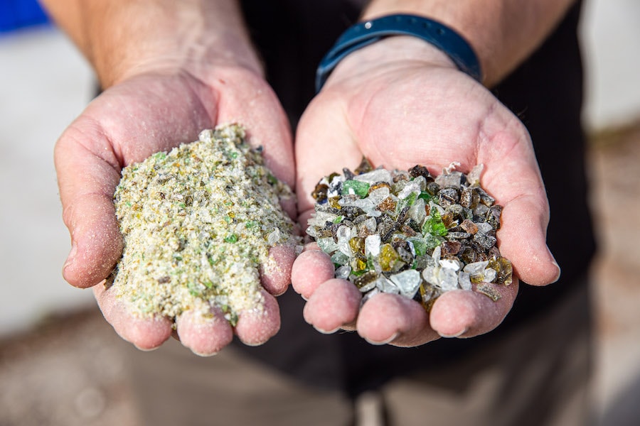 Pieces of glass turned into sand-like material