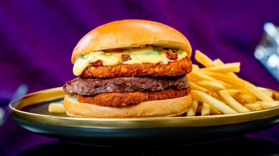 A Disney100 potato and cheddar cheeseburger at Disneyland Resort