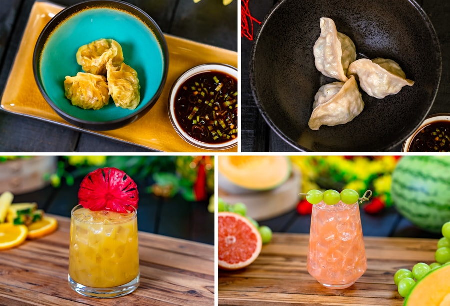 Pork and Shrimp Wontons, Bok Choy & Mushroom Dumplings, Pineapple Baijiu Cocktail, and Grapefruit-Melon Wine Cocktail
