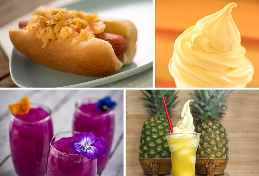 Spicy Hot Dog, DOLE Whip, Frozen Desert Violet Lemonade, DOLE Whip with Fanta