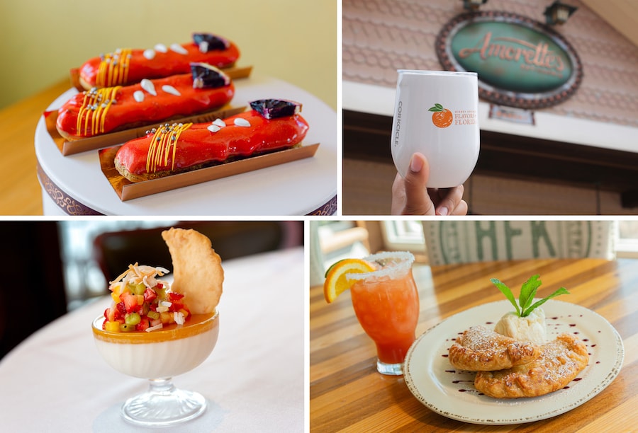 Collage of dishes and beverages at Disney Springs inspired by Florida