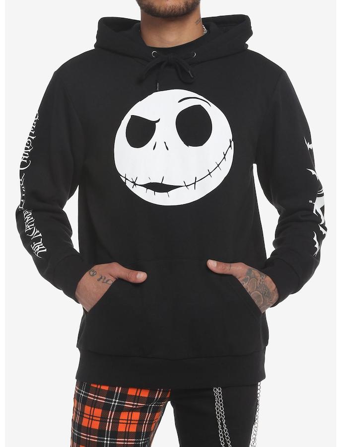 Collage of Disney Tim Burton's The Nightmare Before Christmas Jack Jumbo Head Hoodie, Trio of Terror Long Sleeve Tie-Dye T-Shirt from BoxLunch and The RSVLTS “Halloween Town” Shirt