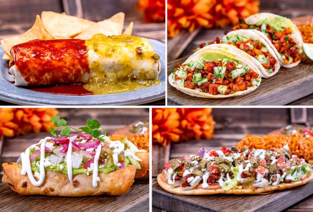 Carnitas Wet Burrito; • Al Pastor Tacos; Chile Verde Chicken Flautas