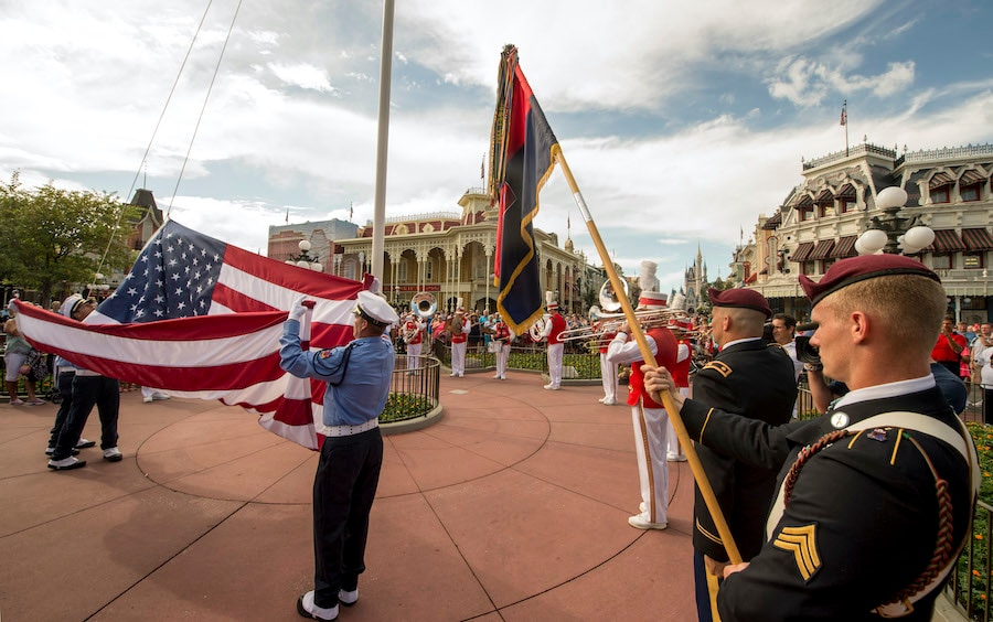 The U.S. Army’s 82nd Airborne Division, including veterans representing those who served honored, Thursday, Aug. 10, 2017, during a special flag retreat ceremony at Magic Kingdom Park