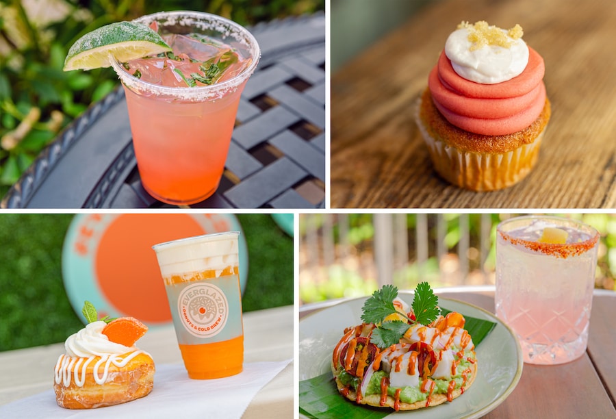 Collage of dishes and beverages at Disney Springs inspired by Florida