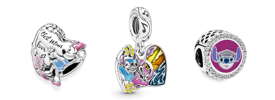 “Best Mom Ever” Minnie Mouse Charm, Stitch Ohana Double Dangle Charm and Stitch 2022 Graduation Charm from Pandora
