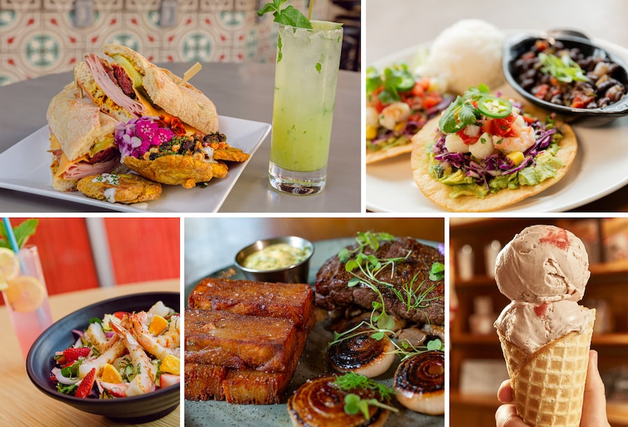 Collage of dishes and beverages at Disney Springs inspired by Florida