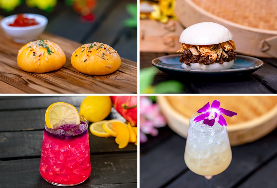 Pepperoni Pizza Bao Bun, Char Siu BBQ Port Bao, Peach Yuja-Ade, and Lychee Celebration