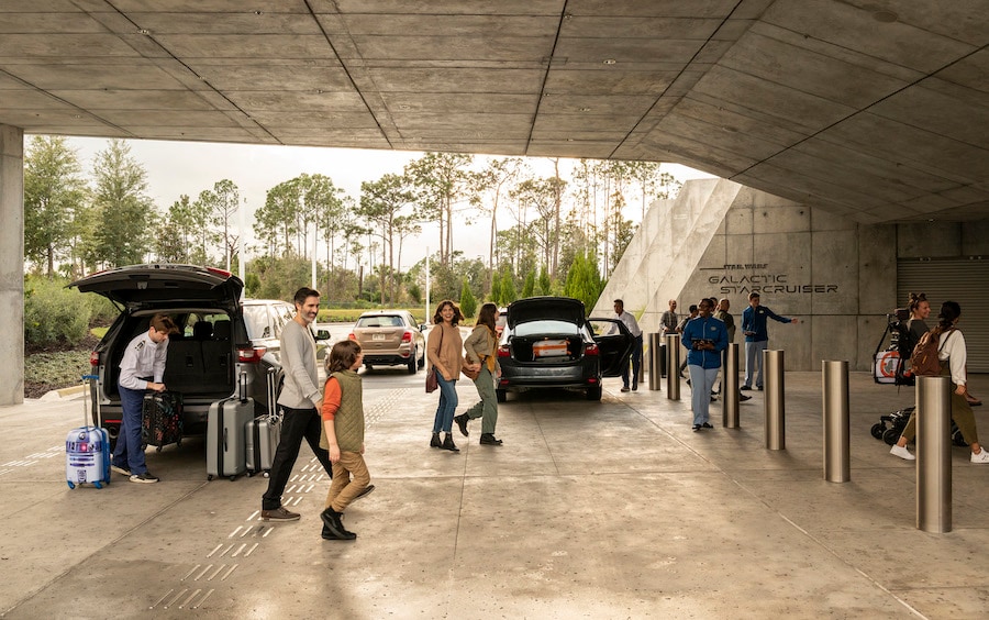 Guests arrive at the Galactic Starcruiser Terminal for their two-night adventure in Star Wars: Galactic Starcruiser at Walt Disney World Resort