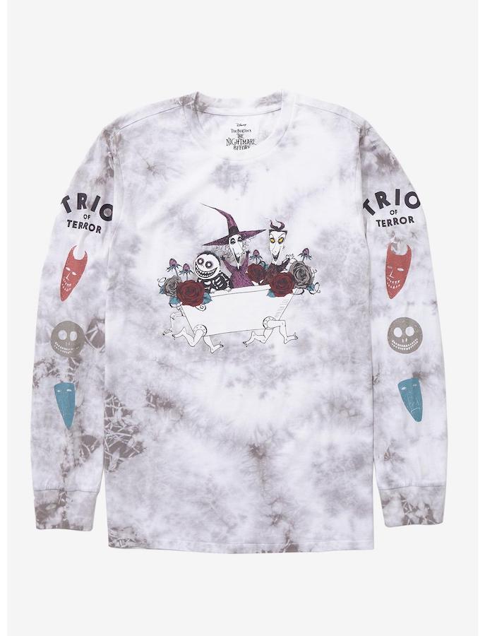 Collage of Disney Tim Burton's The Nightmare Before Christmas Jack Jumbo Head Hoodie, Trio of Terror Long Sleeve Tie-Dye T-Shirt from BoxLunch and The RSVLTS “Halloween Town” Shirt