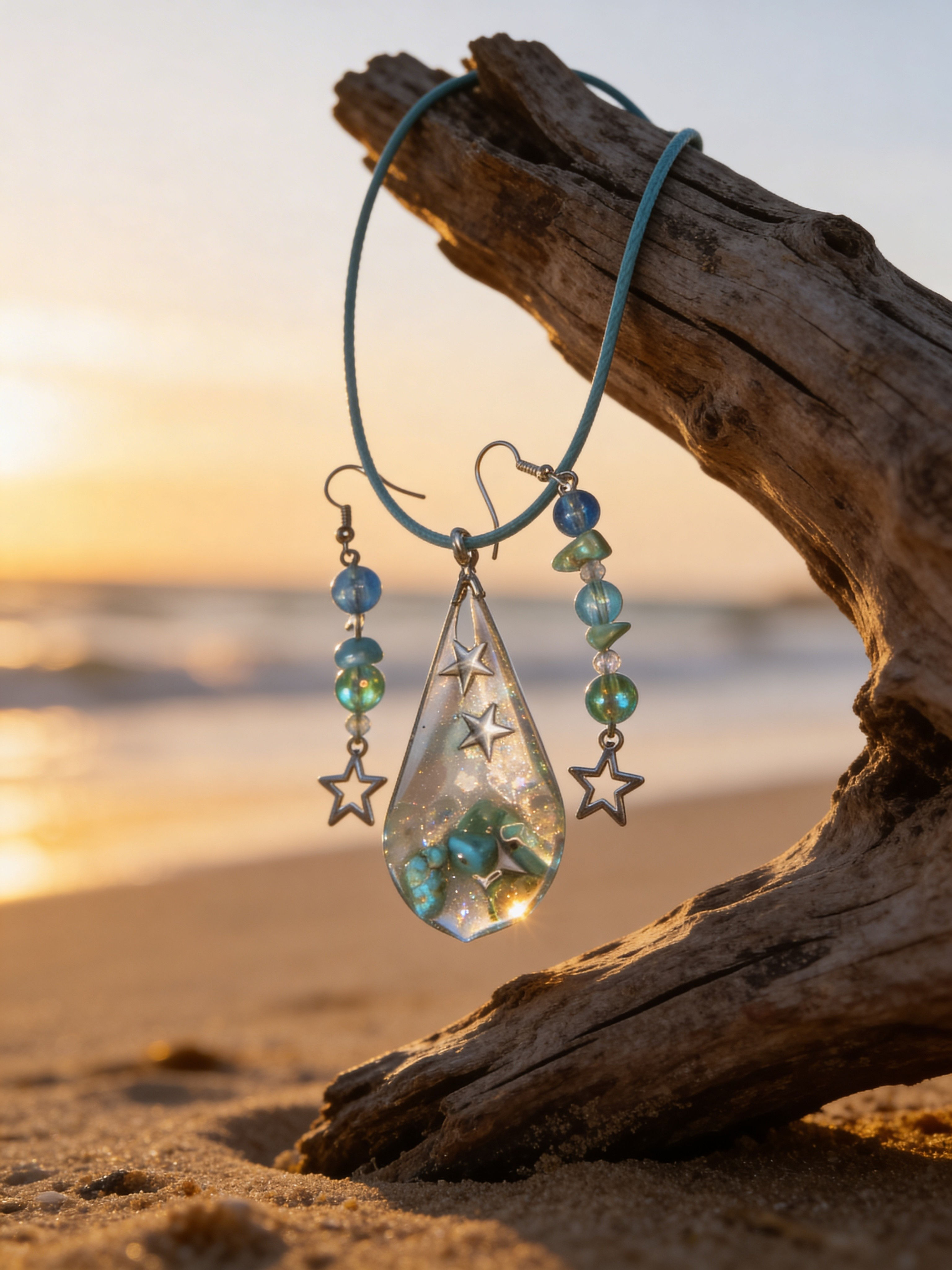 Tear-drop resin necklace and earrings on driftwood at sunset