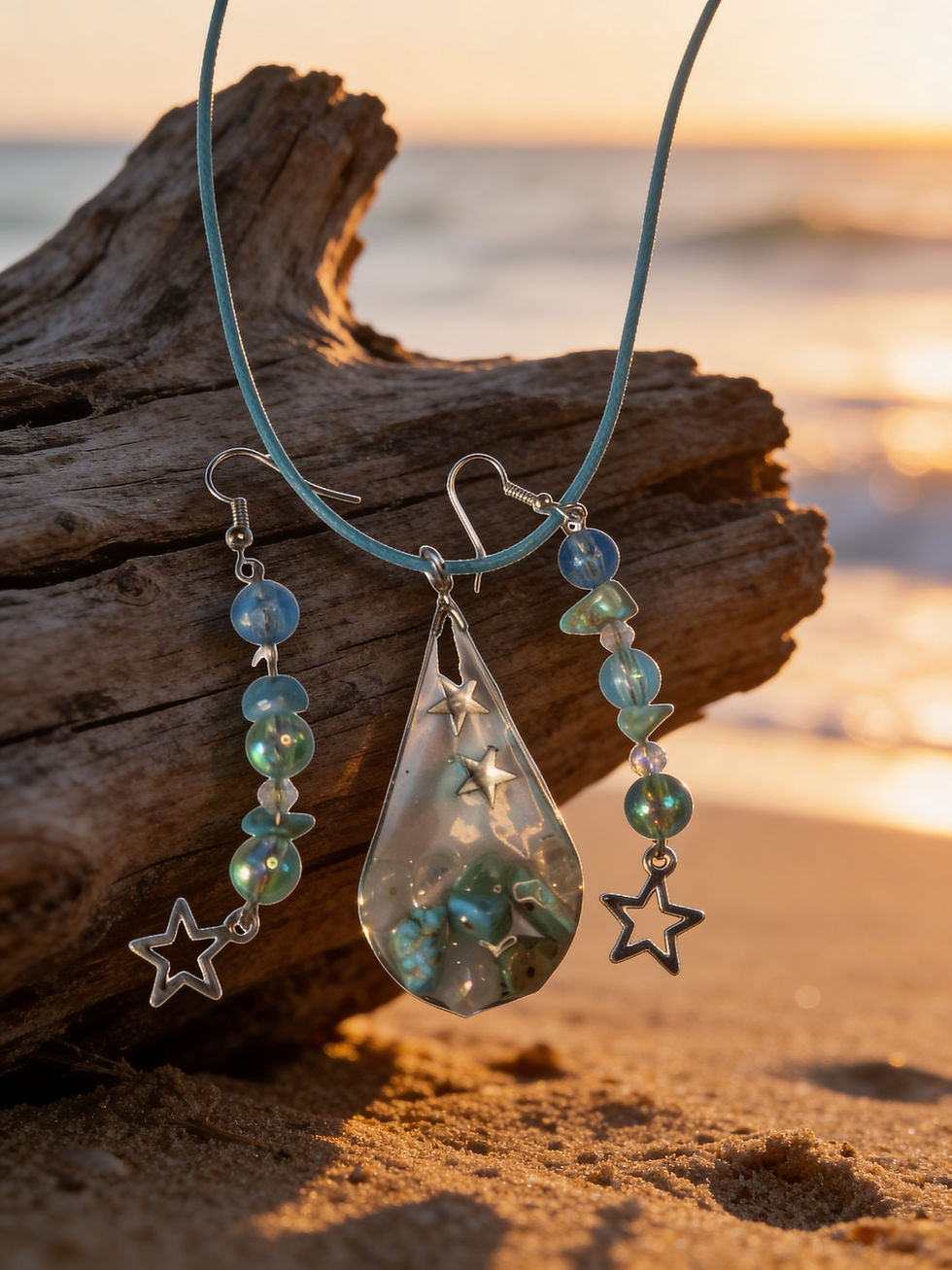 Teardrop pendant necklace, star earrings on driftwood at sunset
