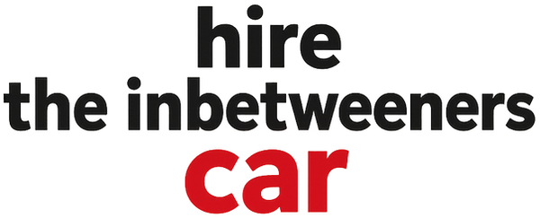 Graphic text reading "Hire the Inbetweeners Car" styled in bold, retro lettering, promoting the iconic yellow TV car