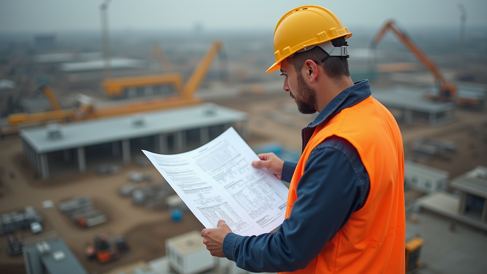 High angle view of construction manager reviewing blueprints on site