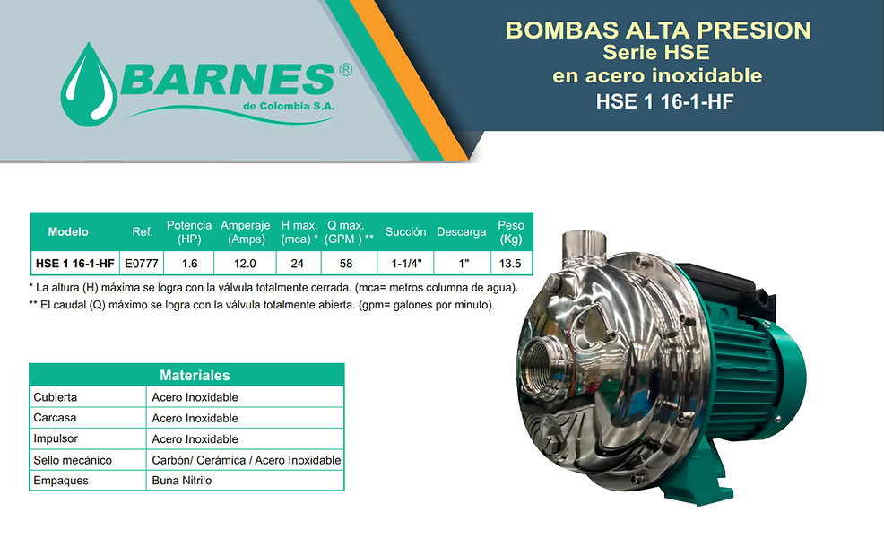 Bomba de alta presion en acero inoxidable barnes