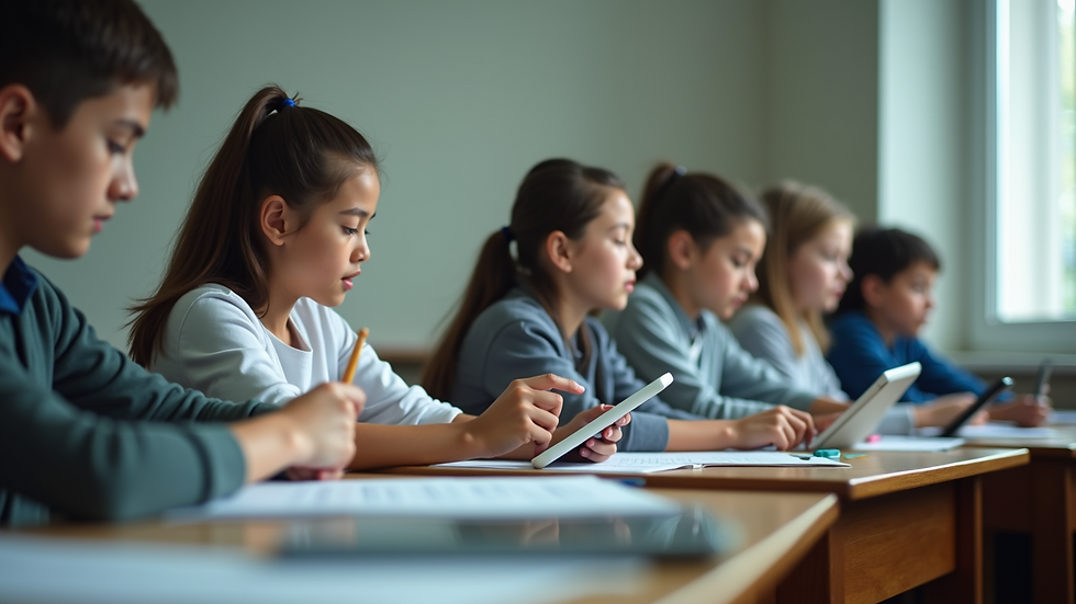 Eye-level view of a classroom with students using tablets for learning