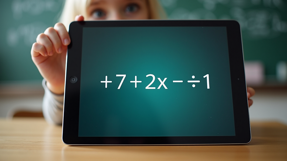 Close-up view of a tablet displaying an interactive math lesson
