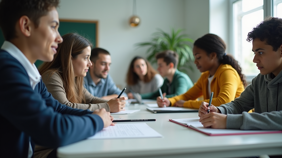 Eye-level view of a classroom with diverse students working together