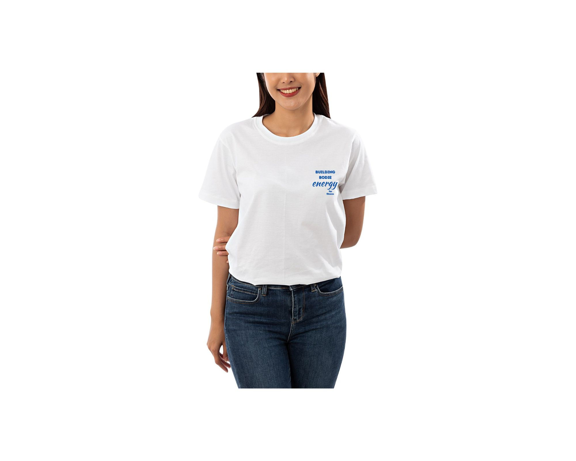 White T-Shirt, With Blue Left Chest Font Logo And Blue Back Design Print Logo.