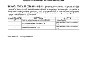 Resultado Preliminar – Cotação Prévia de Preço nº 008/2025
