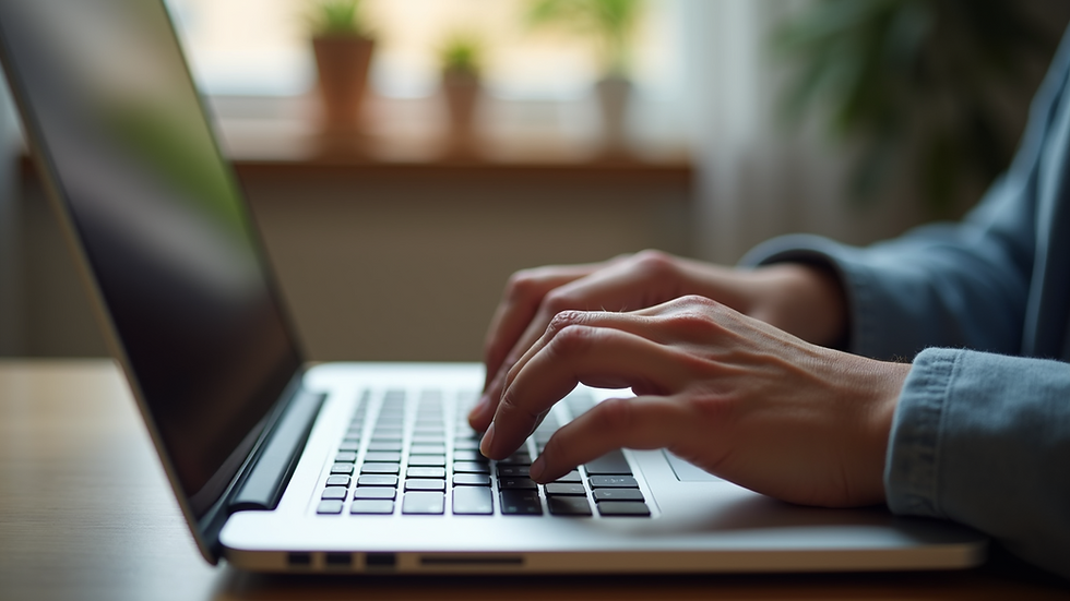 Close-up view of a person typing on a laptop keyboard during an online therapy session